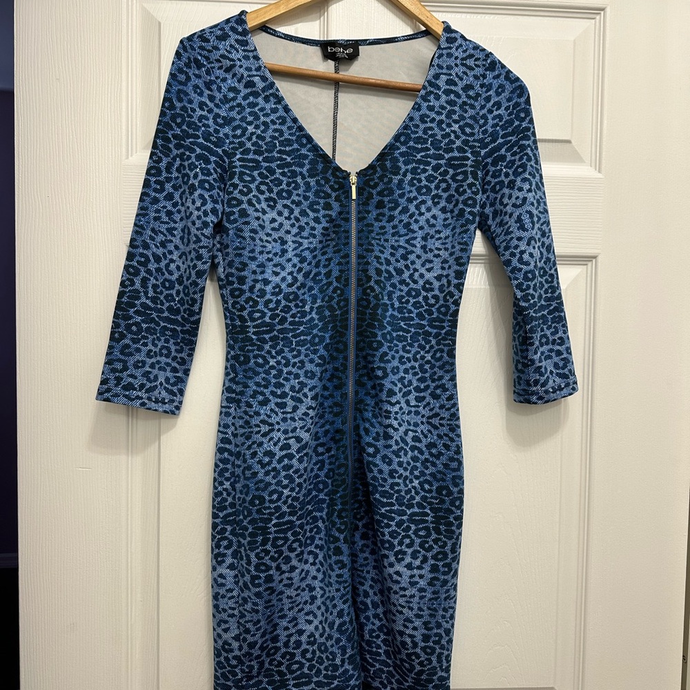 Bebe Blue Bodycon Dress 3/4 Sleeve Scoop Neck